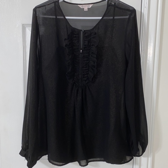 Nanette Lepore black with gold shimmer long sleeve ruffle front sheer blouse - Picture 3 of 5